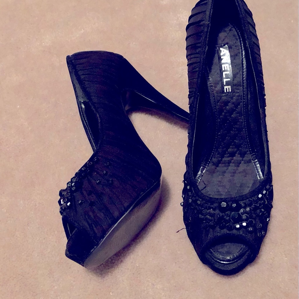 Black Pleated Fabric Heels Embellished With Beads